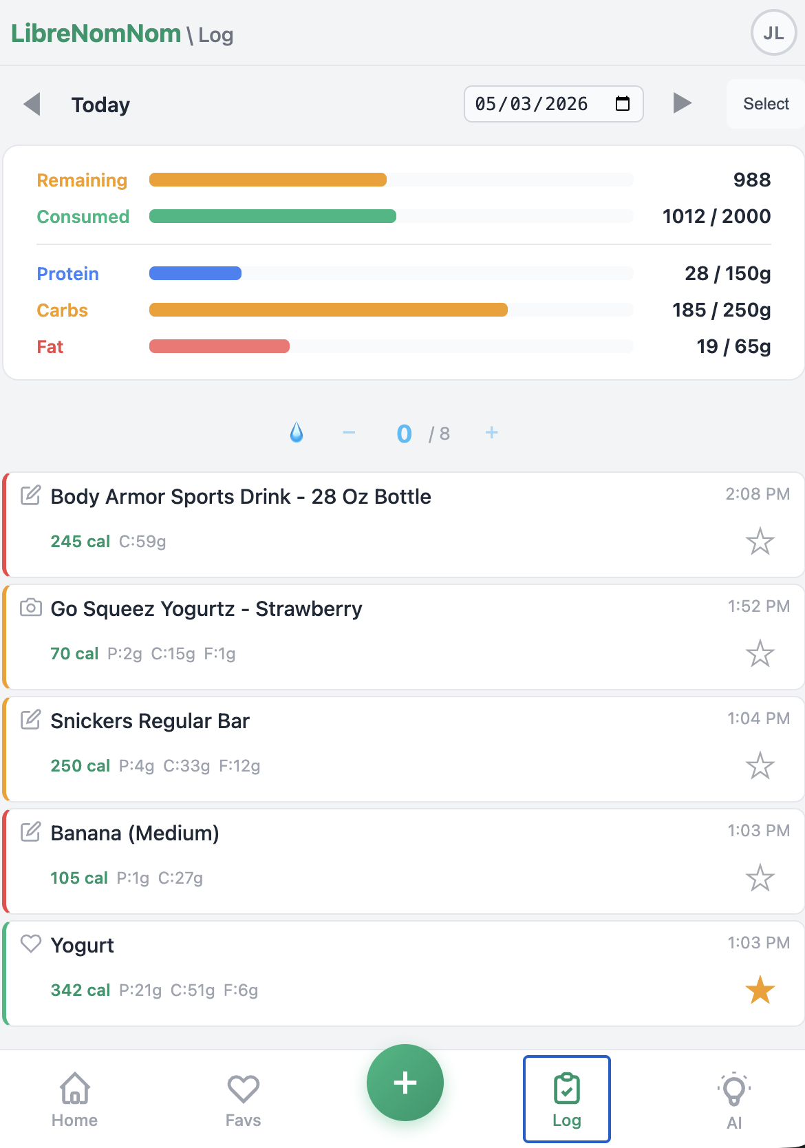 LibreNomNom log view: macro bars, water tracker, and a list of foods consumed today
